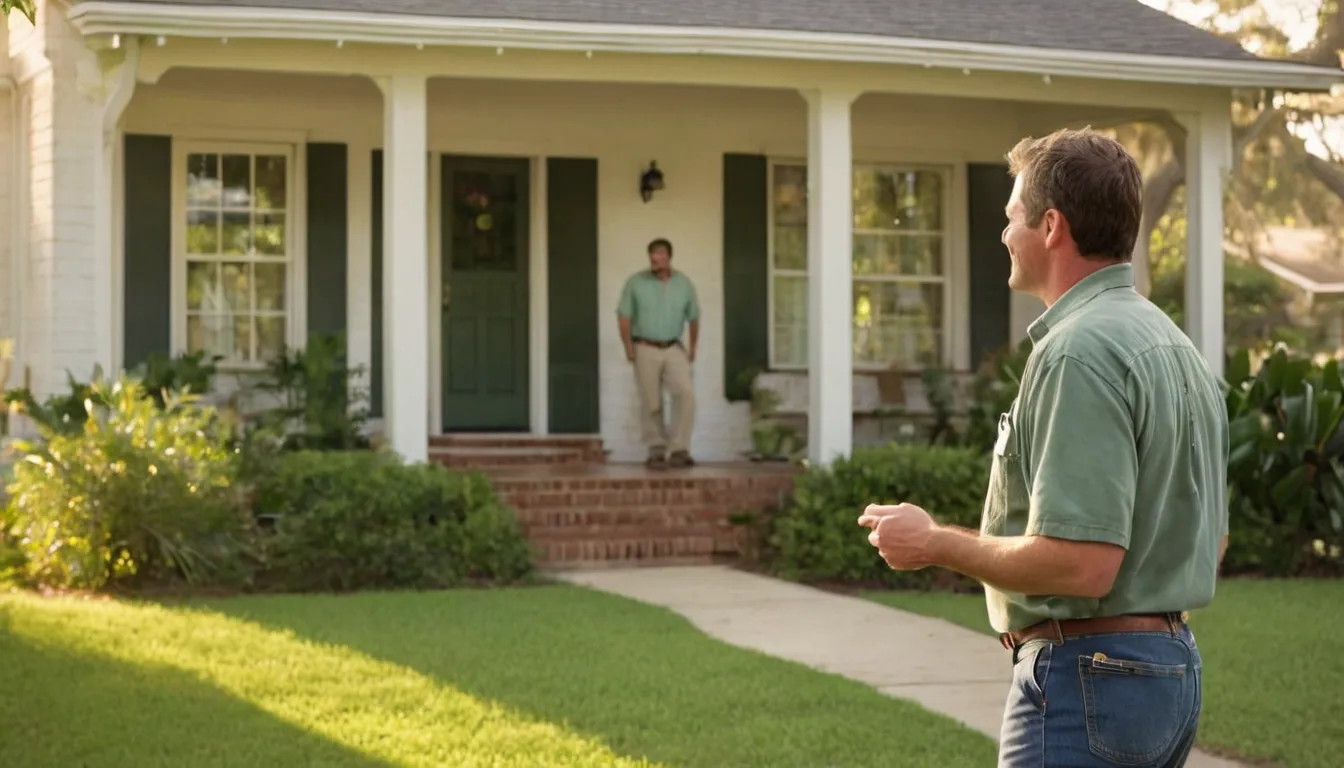 A friendly pest provider talking with a homeowner outside a brick ranch house in Frisco